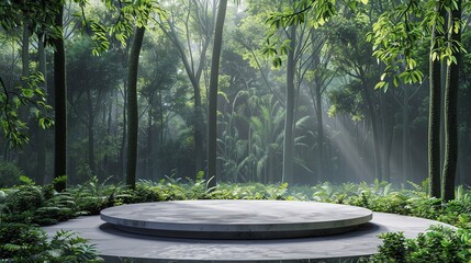 Concrete podium in a lush tropical forest with sunlight filtering through the trees, ideal for nature-themed presentations and displays.