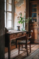 Wall Mural - Vintage wooden desk in the interior of an old country house.