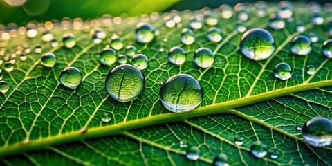 Poster - Macro close-up of a single green leaf with sparkling droplets of water gently clinging to its delicate ridges, showcasing nature's serene beauty.