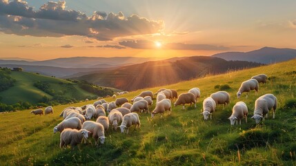 Wall Mural - peaceful pastoral scene of grazing sheep herd on idyllic hillside at sunset