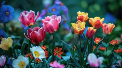 Canvas Print - Vivid spring flowers in garden. Bright, colorful blooms close-up. Home gardening inspiration.