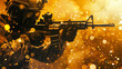 © Silard - Military person in full ammunition holding a modern rifle with golden sparkles and yellow background