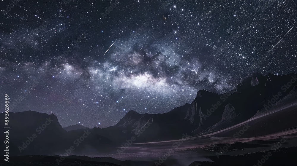 Stunning meteor shower in the dark night sky, with shooting stars and ...