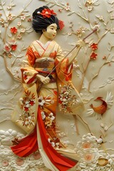 Wall Mural - Japanese Woman in Traditional Kimono with Flowers