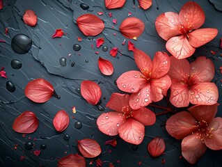 Wall Mural - Pink Petals of Cherry Blossoms with Raindrop Droplets