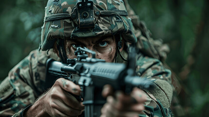 Soldier aiming rifle in camouflaged uniform in forest