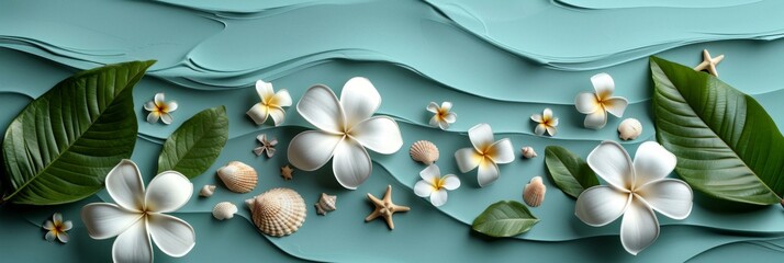 Tropical Leis, Flowers and Water Droplets on Aqua Background