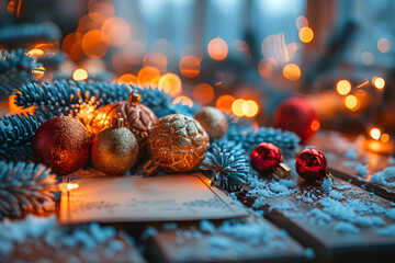 Wall Mural - Christmas decorations on the holiday tree.Many colorful balls garland glowing lamps and red berries on the branches are sprinkled with snow.Festive traditional seamless background for the New Year