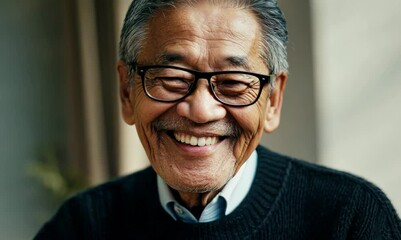 Wall Mural - Portrait of happy asian senior man in black sweater and eyeglasses