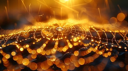 Hyper-realistic macro photograph of a dewdrop-covered spider web at dawn, golden sunlight refracting through each droplet, intricate silk patterns visible, shot on professional DSLR camera, 