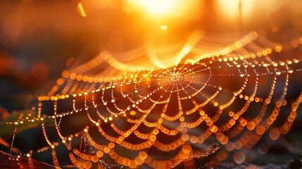 Hyper-realistic macro photograph of a dewdrop-covered spider web at dawn, golden sunlight refracting through each droplet, intricate silk patterns visible, shot on professional DSLR camera, 
