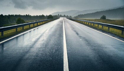 Minimalistic wet road and rain. Wet empty highway. Generative AI