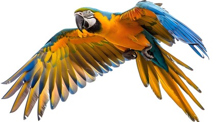 Poster - Colorful Macaw Bird in Mid Flight with Spread Wings on White Background