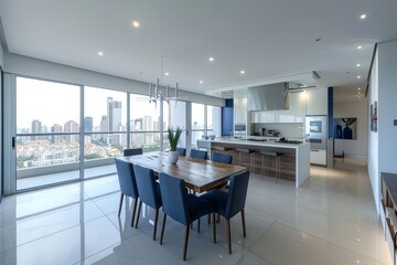 Interior of modern kitchen with white walls, tiled floor and dining table with blue chairs