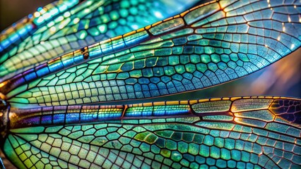 Canvas Print - Delicate iridescent dragonfly wing showcases intricate veins, shimmering blues and greens, and microscopic scales in a stunning close-up macro photograph of nature's artistry.