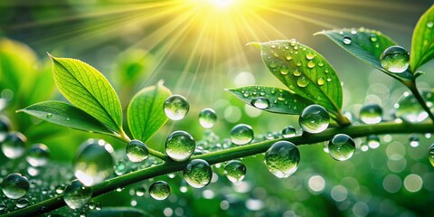 Wall Mural - Fresh dew droplets glisten on lush green leaves, blurring into a soft spring background, capturing the essence of nature's serene rebirth and revitalizing morning calm.