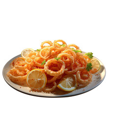 Wall Mural - A Delicious Dish Plate Filled with Golden Fried Crispy Squid Served with Lemon. Ready to Eaten.