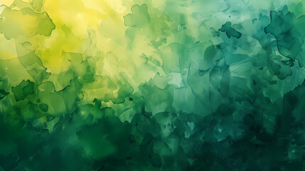 Sticker - Abstract green and yellow watercolor painting with fluid, organic shapes and textures.