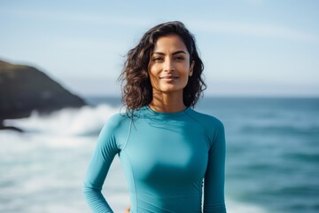 Canvas Print - Portrait of a blissful indian woman in her 30s showing off a lightweight base layer isolated on tranquil ocean backdrop