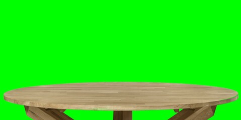 Wall Mural - Wooden dinner table surface. Natural wood furniture close view. Tabletop isolated over green screen chroma key background