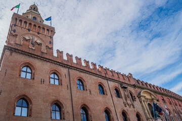 Wall Mural - Perspective and exterior of d'Accursio Palace and clock tower the current city hall, Bologna ITALY