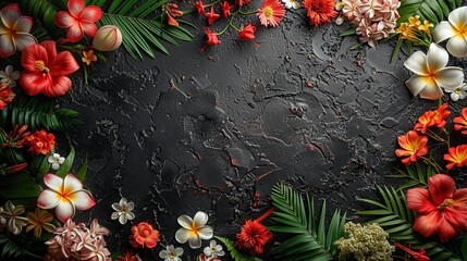 Wall Mural - Tropical Flowers Frame on a Black Background