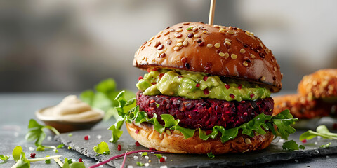 Wall Mural - Gourmet Vegan Burger with Beet Quinoa Patty and Avocado Cashew Cream. Concept Vegan Cuisine, Plant-Based Burgers, Gourmet Cooking, Vegan Ingredients, Meatless Patties