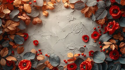 Wall Mural - Autumn Leaves and Poppies on a Grey Background