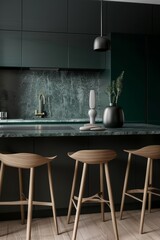 Wall Mural - Dark green kitchen interior with a concrete floor, a bar with stools and a green sink.