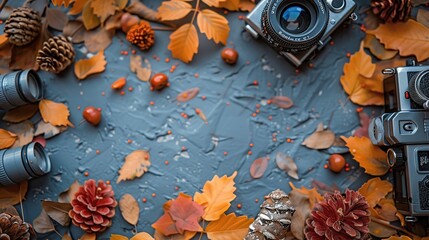 Wall Mural - Autumn Photography Still Life with Cameras and Fall Leaves