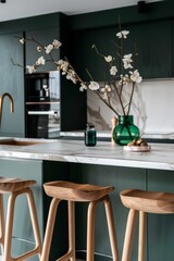 Wall Mural - modern kitchen with wooden stools and vase with white blooming flowers