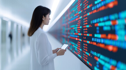 A businesswoman examines stock market data on a large digital screen, holding a tablet. The image captures the modern financial environment, emphasizing technology in stock market analysis and trading