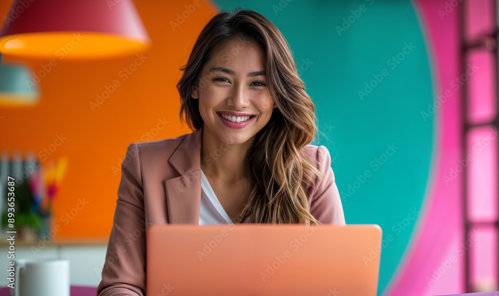 young Filipino woman working on laptop in a modern colorful office ...