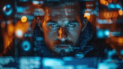 A software engineer coding on a transparent screen in office room 