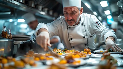 A chef plating a gourmet dish in a transparent kitchen 