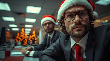 Poster - Office Christmas party - meeting - holiday - video conference - Santa hat - festive - black and white photo with color splash - Christmas tree 