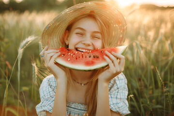 Smiling girl with a sun hat enjoying a watermelon slice in a sunny field