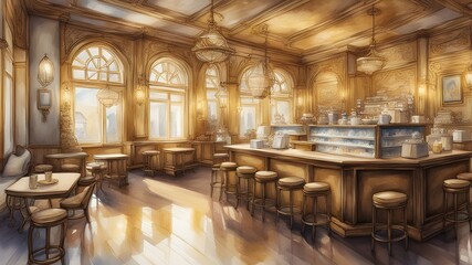 Wall Mural - cafe with gold wooden style