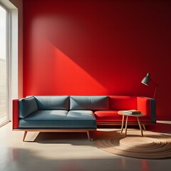 Interior of modern bright living room with red walls, concrete floor, red sofa and round coffee table. generative ai