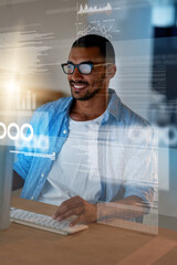 Wall Mural - cyber overlay, screen and man on computer for coding, website development and programming. cloud res