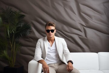 Wall Mural - Portrait of a content man in his 30s wearing a trendy sunglasses isolated in modern minimalist interior