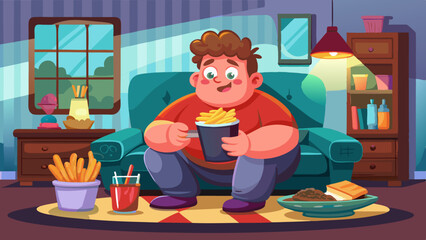 Wall Mural - A fat boy who takes fries from the Plate that is on a couch,Caucasian children lead an unhealthy lifestyle