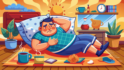 Wall Mural - An overweight tired and obese young man is lying on his bed.