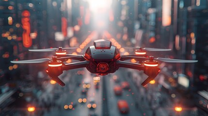 Canvas Print - Compact Drones Assisting in Futuristic Smart City with Efficient Maintenance and Surveillance