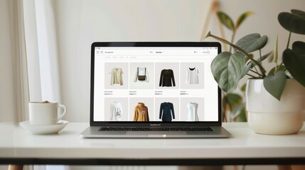 modern online shopping cart interface on laptop with trendy fashion items on minimalist white desk