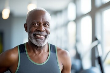 Poster - Portrait of a grinning afro-american man in his 80s wearing a lightweight running vest in modern minimalist interior