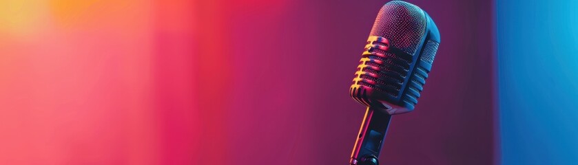 Vintage microphone with vibrant colorful background, perfect for music, podcast, and performance themes. Retro, audio, broadcasting, and entertainment.