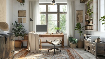 Wall Mural - Stylish Fusion of New and Vintage Decor in Modern Farmhouse Working Space