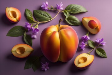 Fresh ripe apricots with leaves and flowers on a purple background. ai generated