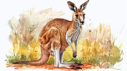 Artistic watercolor rendering of a red kangaroo standing in a grassy landscape, showcasing its natural habitat and features.